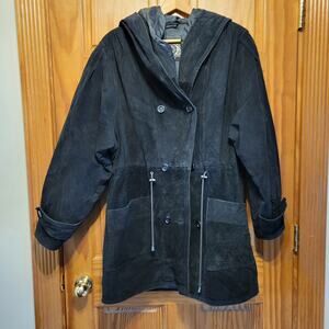 Vintage 1980's 1990's Badlands Suede Leather Hooded Parka Duster Drover / Large